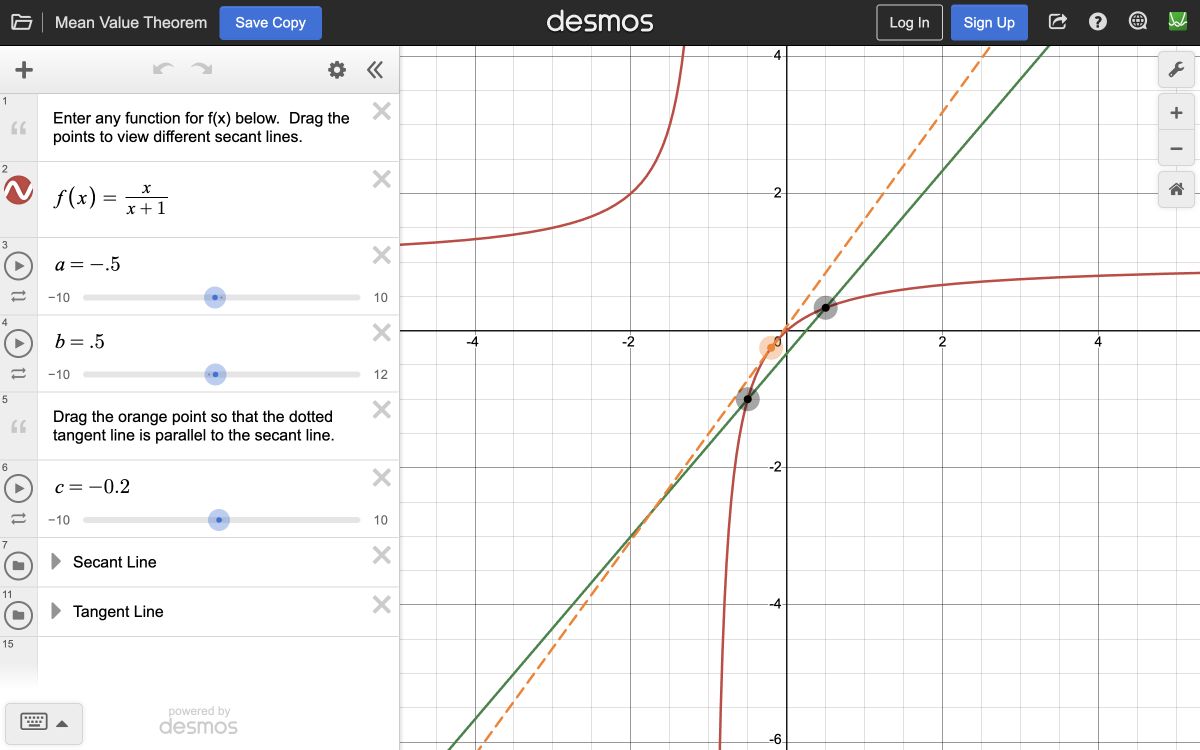 Desmos graph illustrating the Mean Value Theorem with secant and tangent lines