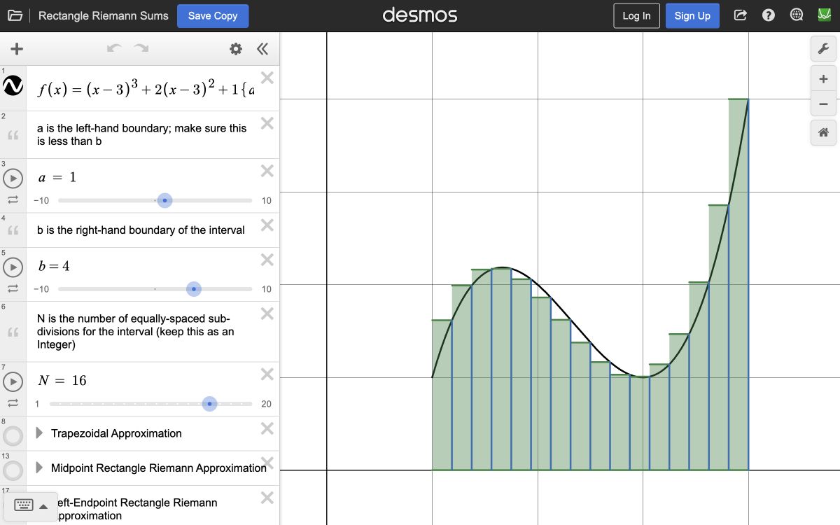 Desmos graph showing rectangles approximating area under a curve