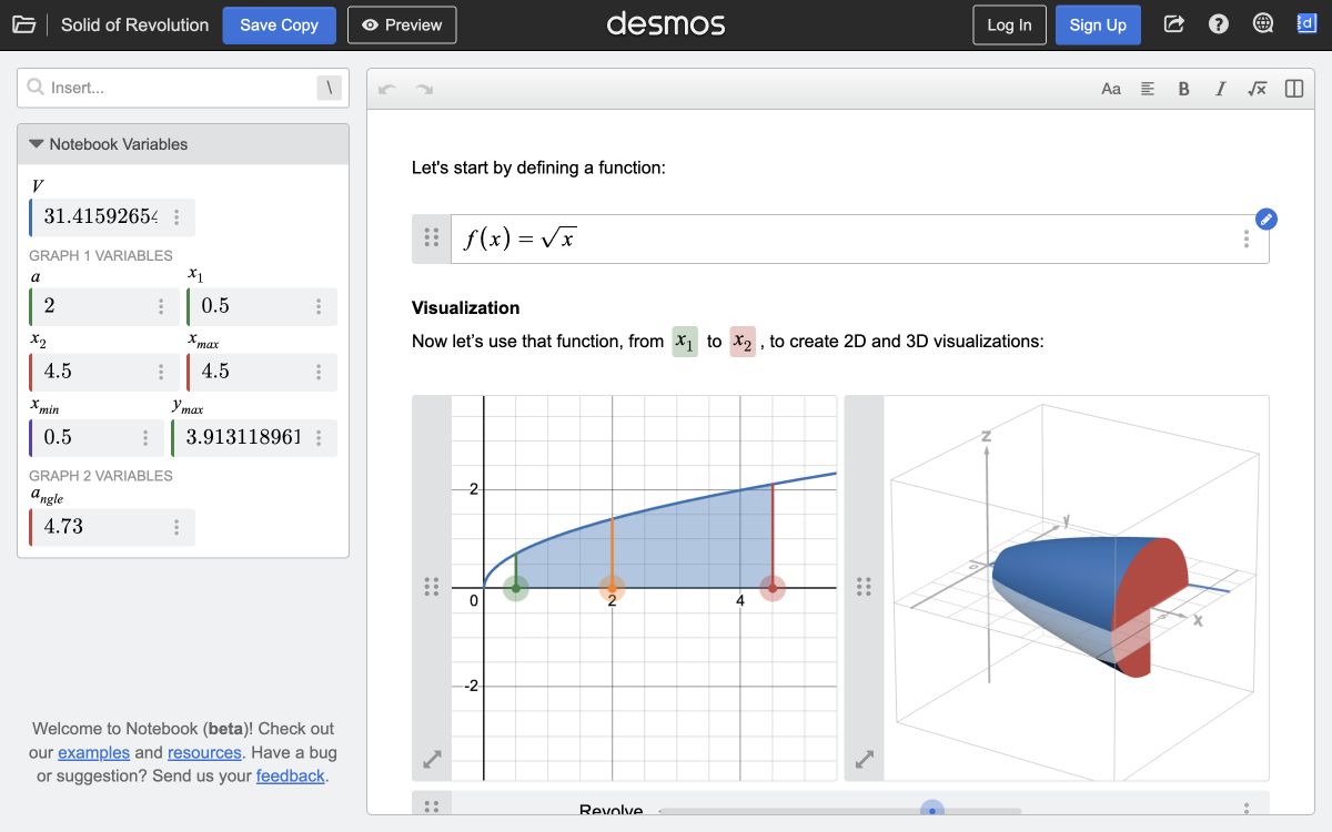 Desmos notebook showing a region and the solid formed by revolving it