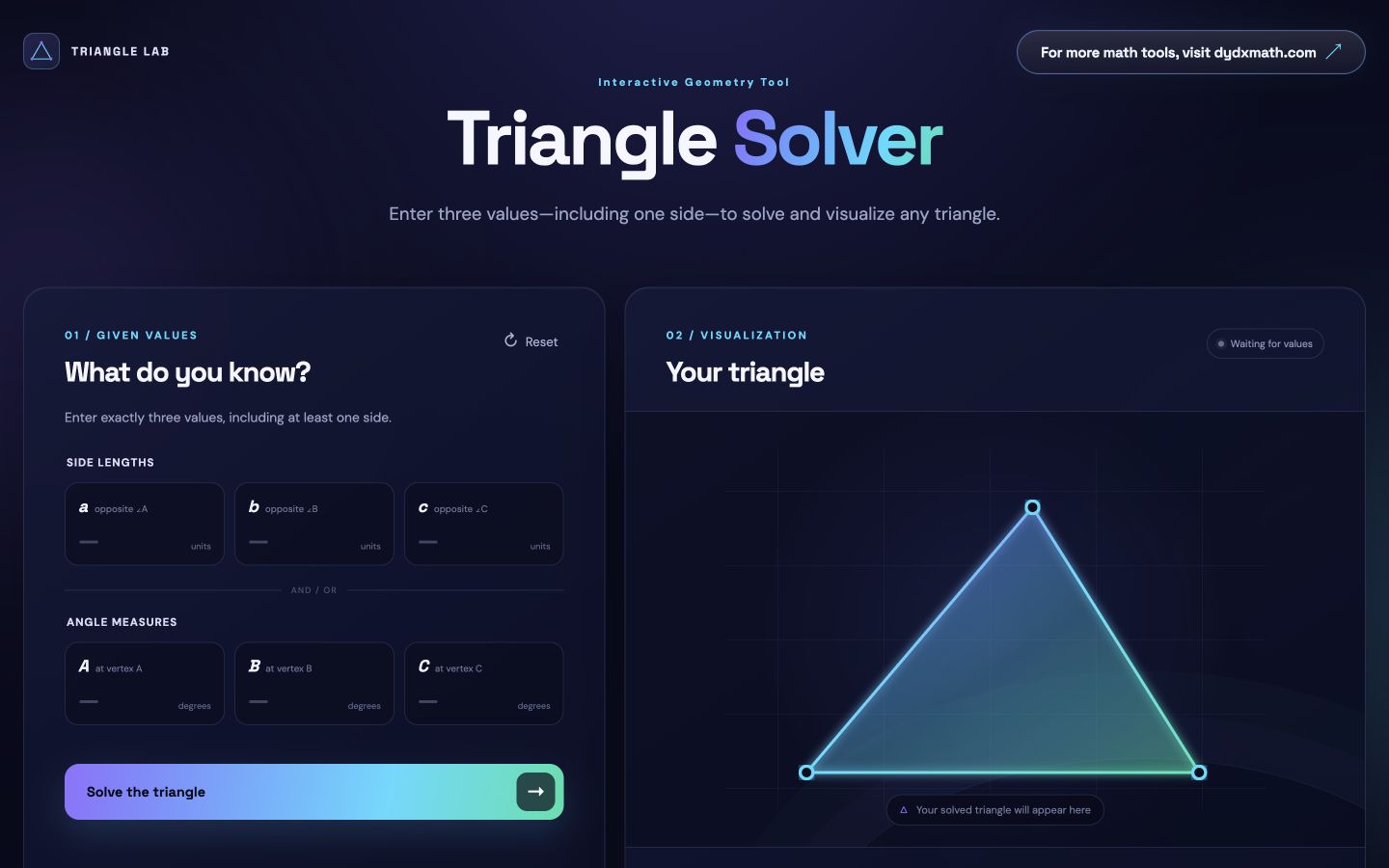 Triangle Solver with inputs and a glowing triangle visualization