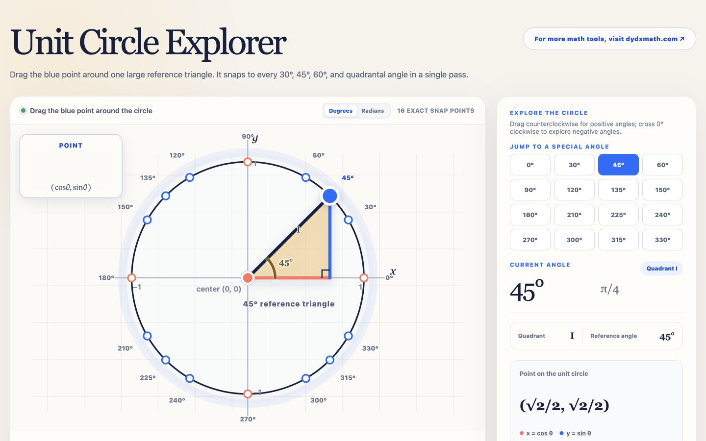 Unit Circle Explorer showing a 45-degree reference triangle